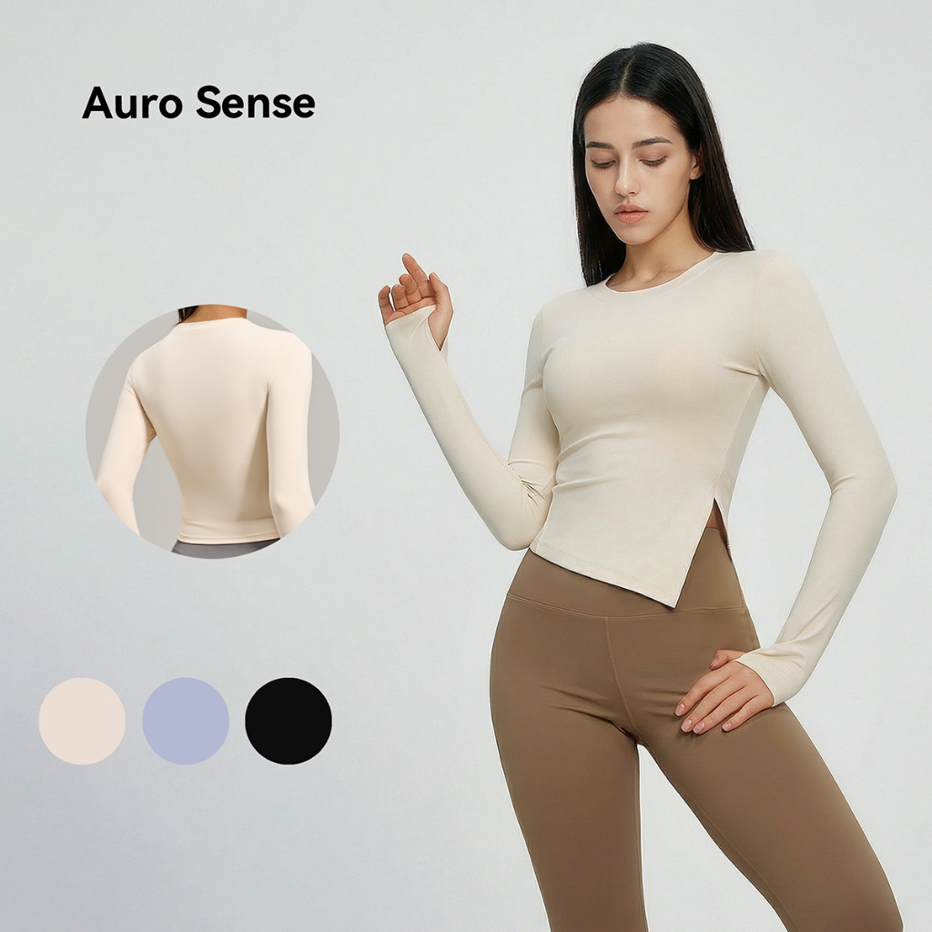 Auro Sense เสื้อกีฬา เสื้อโยคะกีฬาแขนยาว ทรงสั้น ตัดไม่สมมาตร คอกลม ระบายอากาศ กระชับ ยืดหยุ่น ผ้าต้านแบคทีเรีย