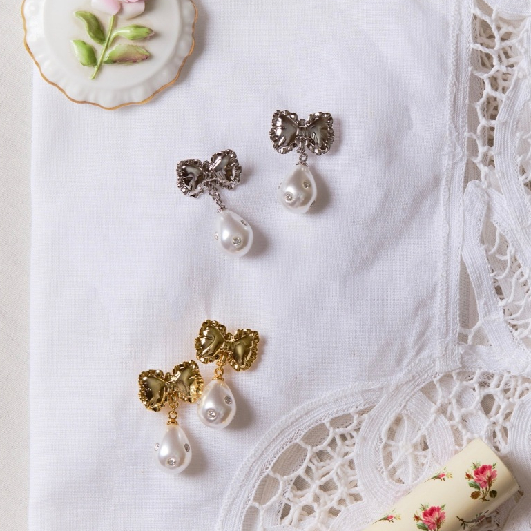 YVIS Lace Ribbon Stud Brass Earring - YVIS X Proud O Wedding