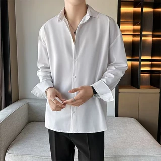เสื้อเชิ้ตสีดำ ใส่ได้ทั้งผู้ชายและผู้หญิง แฟชั่นคอปก ผ้าไหมอิตาลี ผ้าดีใส่สบาย เสื้อเชิ้ตแขนยาว กระดุมใช้ได้จริง M—3XL