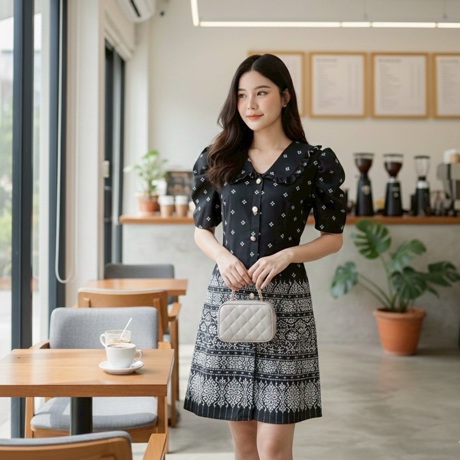 Mook_shop เดรสพิมลายไทย ผ้าบาร์บี้ แขนพองสวย