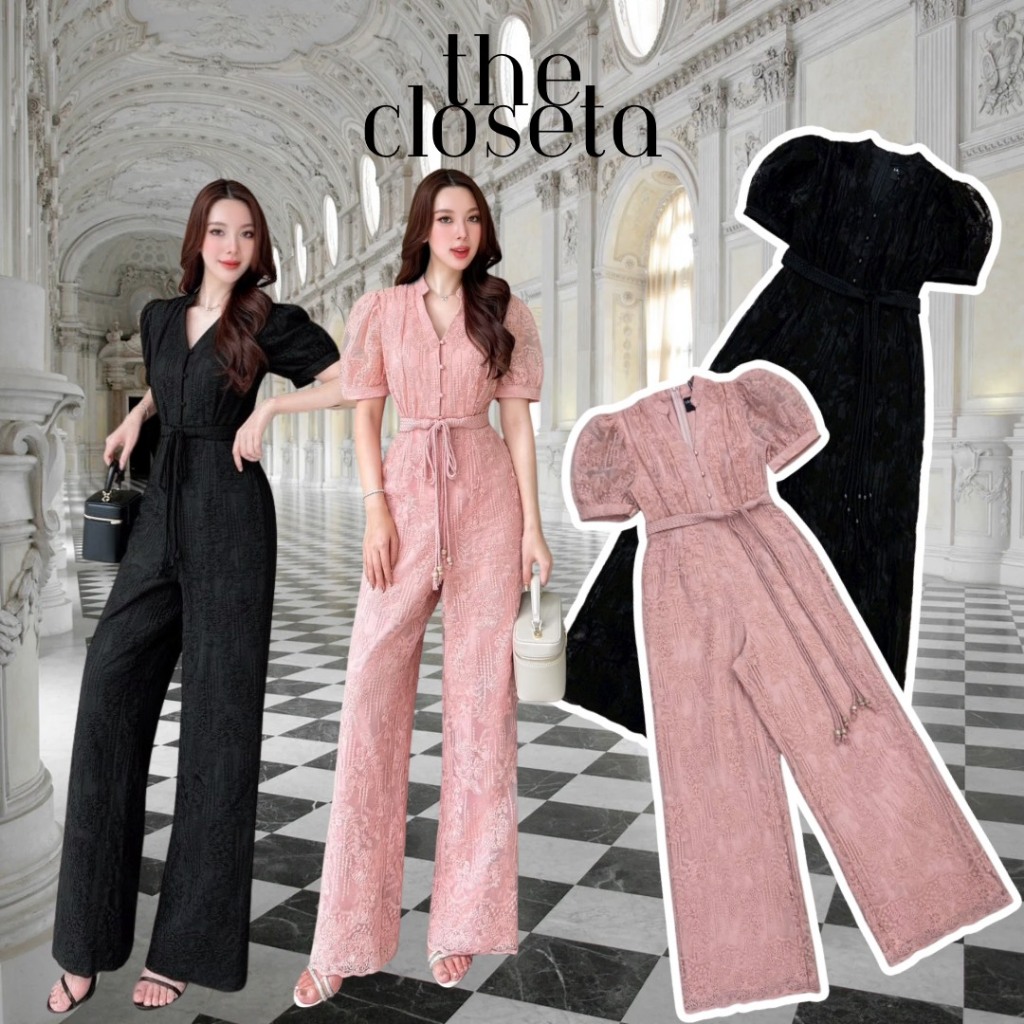 THE CLOSETA : LB578 จั๊มสูทขายาวผ้าปักลายดอกไม้ทรงแขนตุ๊กตาพองๆพร้อมเชือกผูกเอว