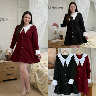 LD ชุดเดรสผ้าทอ กระดุมโบว์ ชิปหลัง แต่งตีเกล็ดหน้าหลังเข้ารู…