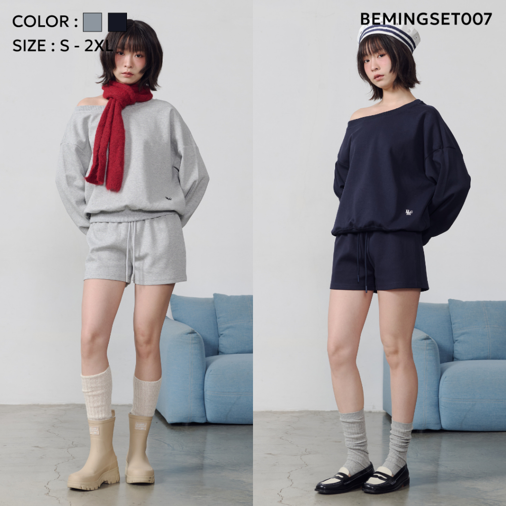 Bemingset007(S-2XL)-Beming Essential Set เซ็ทเสื้อแขนยาวOversizeมาพร้อมกางเกงเอวยางยืดปรับระดับได้