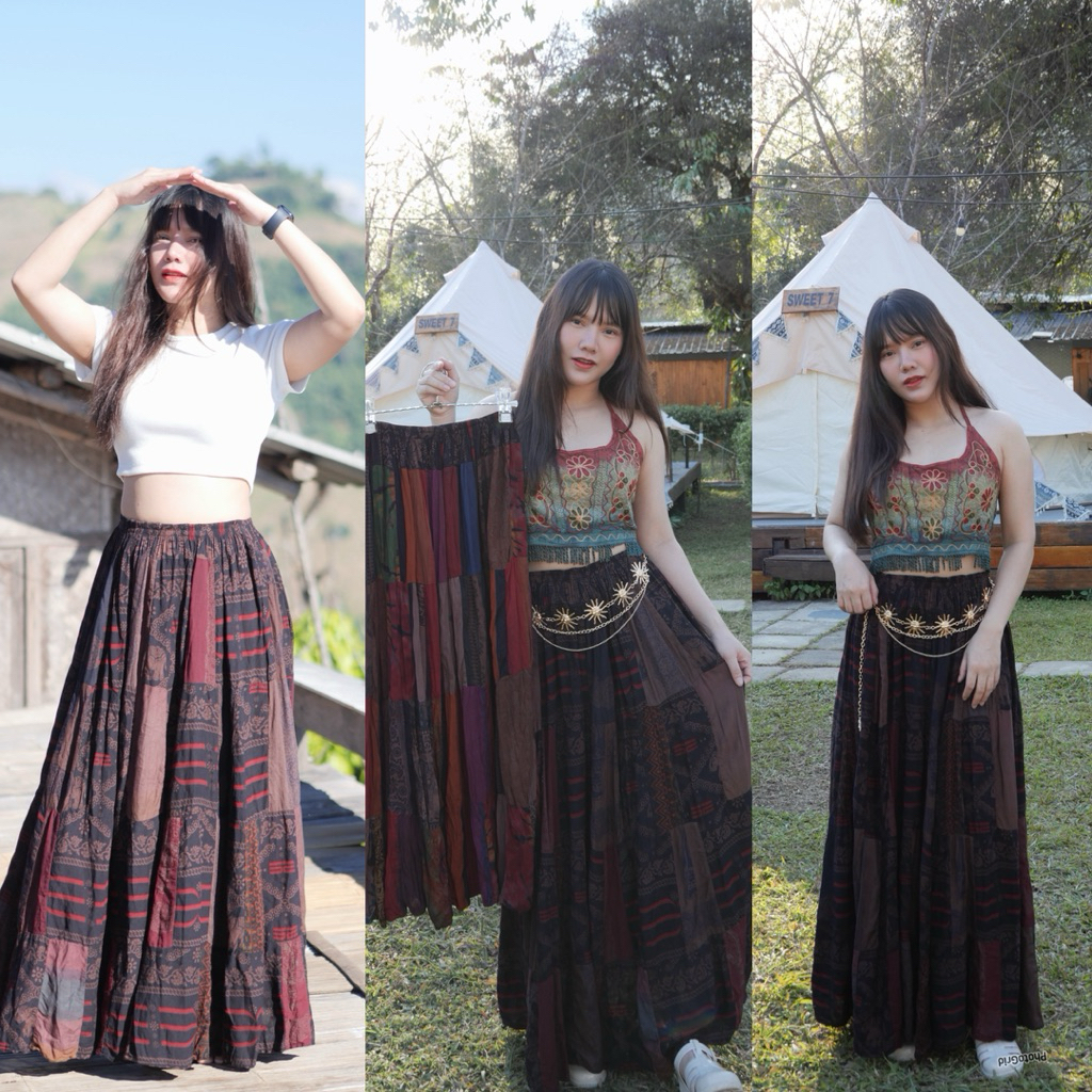 [สินค้าพร้อมส่ง] skirt กระโปรงโบฮีเมียน กระโปรงยาว กระโปรงมัดย้อม ผ้าสะปัน