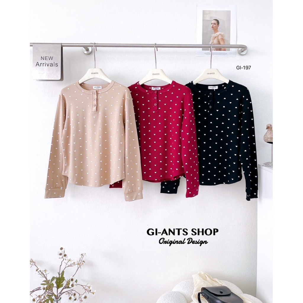 GI-ANTS(GI-197)เสื้อคอกลมแขนยาวเจาะกระดุม เนื้อผ้าพิมพ์ลายหัวใจ น่ารักสุดๆ ใส่ง่าย งานสวย