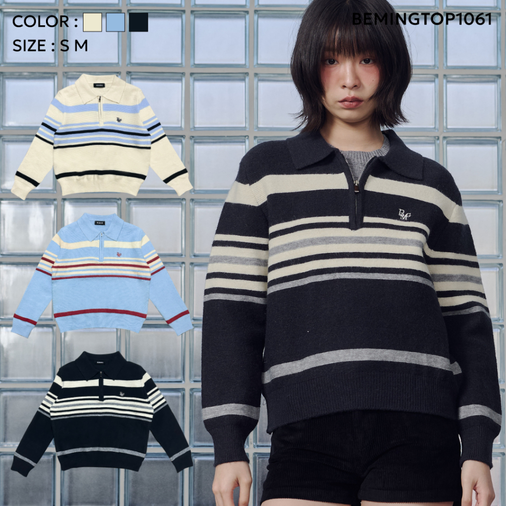 Bemingtop1061(S-M)-BMG Coastline Zip Knit - เสื้อไหมพรมคอซิปลายขวาง ผ้านุ่มสบาย ทรงสวย แมชท์กับอะไรก