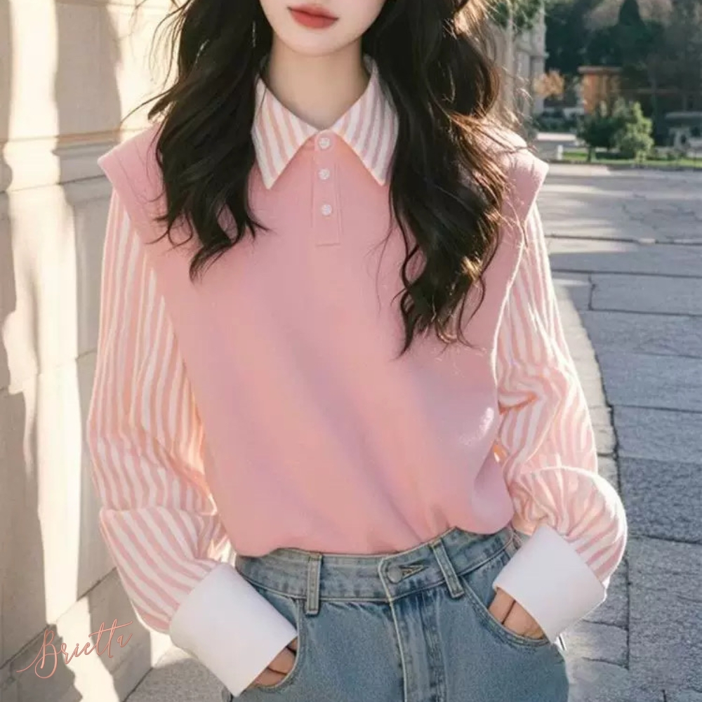 BTB468 - Pink striped long sleeve blouse เสื้อแขนยาวลายทางคอปกสีชมพู