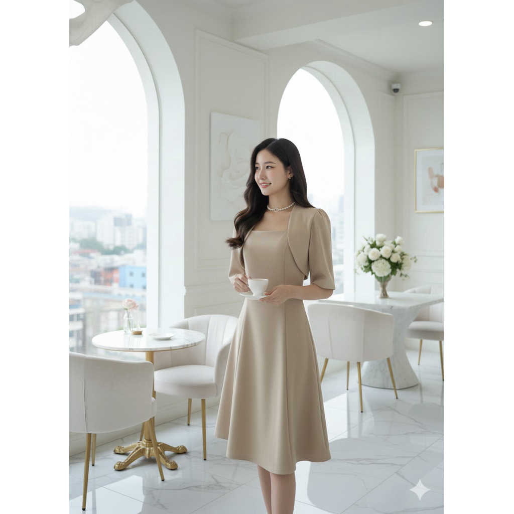 280 เดรสคอเหลี่ยมแต่งเสื้อคลุมแขนสั้น (ผ้าเทพ REEYA) - รูปที่ 5