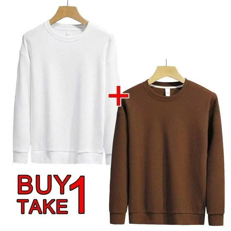 TwoStar ซื้อ 1 แถม 1 เสื้อยืดแขนยาววาฟเฟิลเรียบสำหรับผู้ชาย คอกลม เสื้อสเวตเชิ้ต ราคา ถูกที่สุด ดีลบีเคเค แกลเลอรีภาพที่ 6