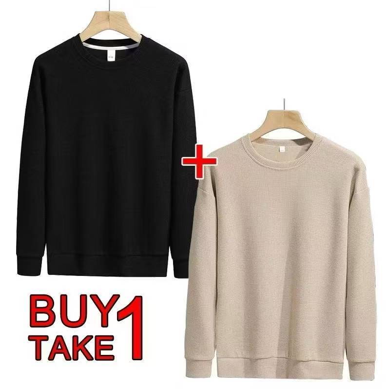 TwoStar ซื้อ 1 แถม 1 เสื้อยืดแขนยาววาฟเฟิลเรียบสำหรับผู้ชาย คอกลม เสื้อสเวตเชิ้ต ราคา ถูกที่สุด ดีลบีเคเค แกลเลอรีภาพที่ 3