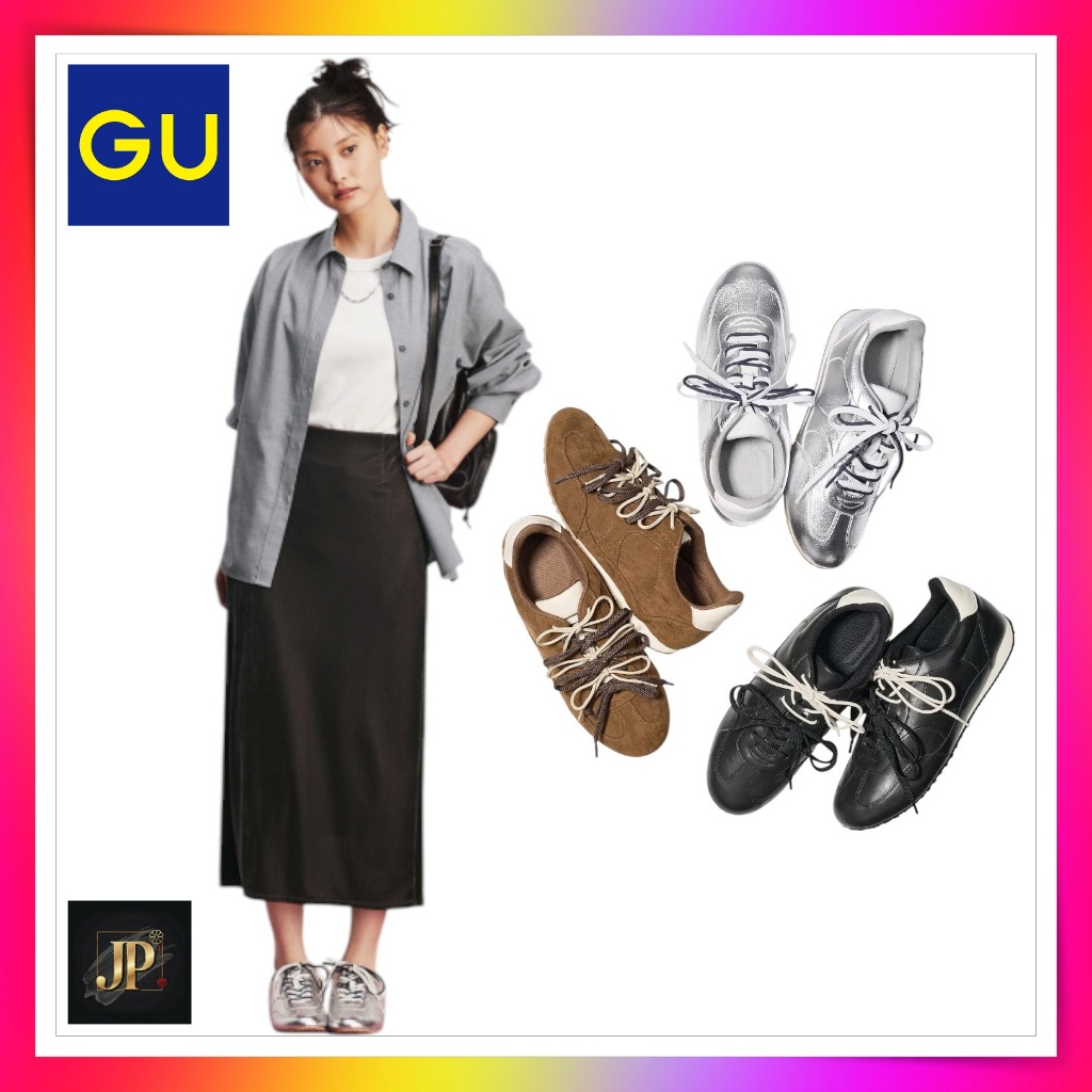 รองเท้าผ้าใบ GU แบบเชือกผูกสองชั้นพื้นแบน【GU Double Shoelace Flat Sneakers】