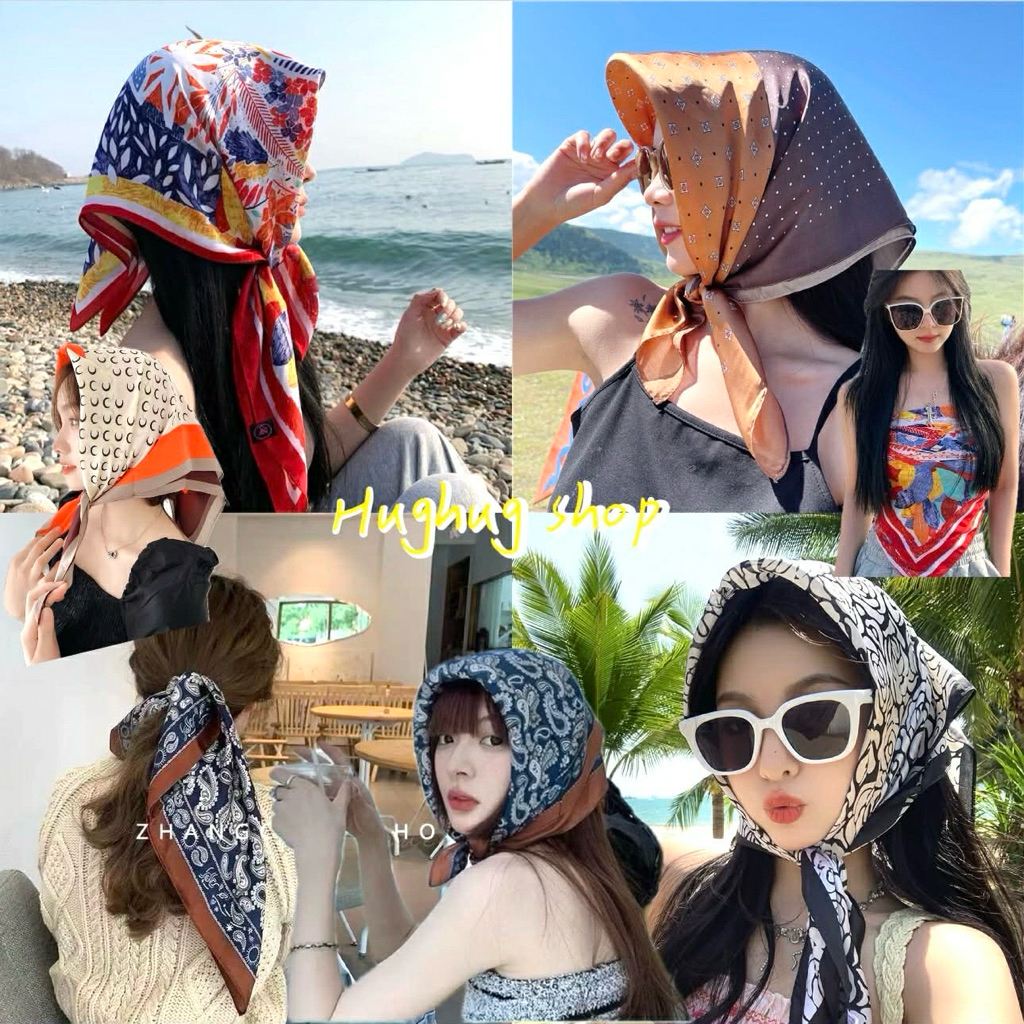 ผ้าพันคอ คลุมไหล่ ผ้าโพกผม โพกศีรษะ มัดผมแบบเกาหลี shalw scarf ขนาด 70x70 cm. silk นุ่ม พริ้ว หรูหรา