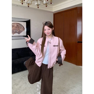 【xxavc825h0】เสื้อแจ็คเก็ตสตรีทรงสั้นคอตั้งสีชมพู