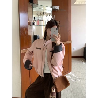 【xxavc825h0】เสื้อแจ็คเก็ตสตรีทรงสั้นคอตั้งสีชมพู