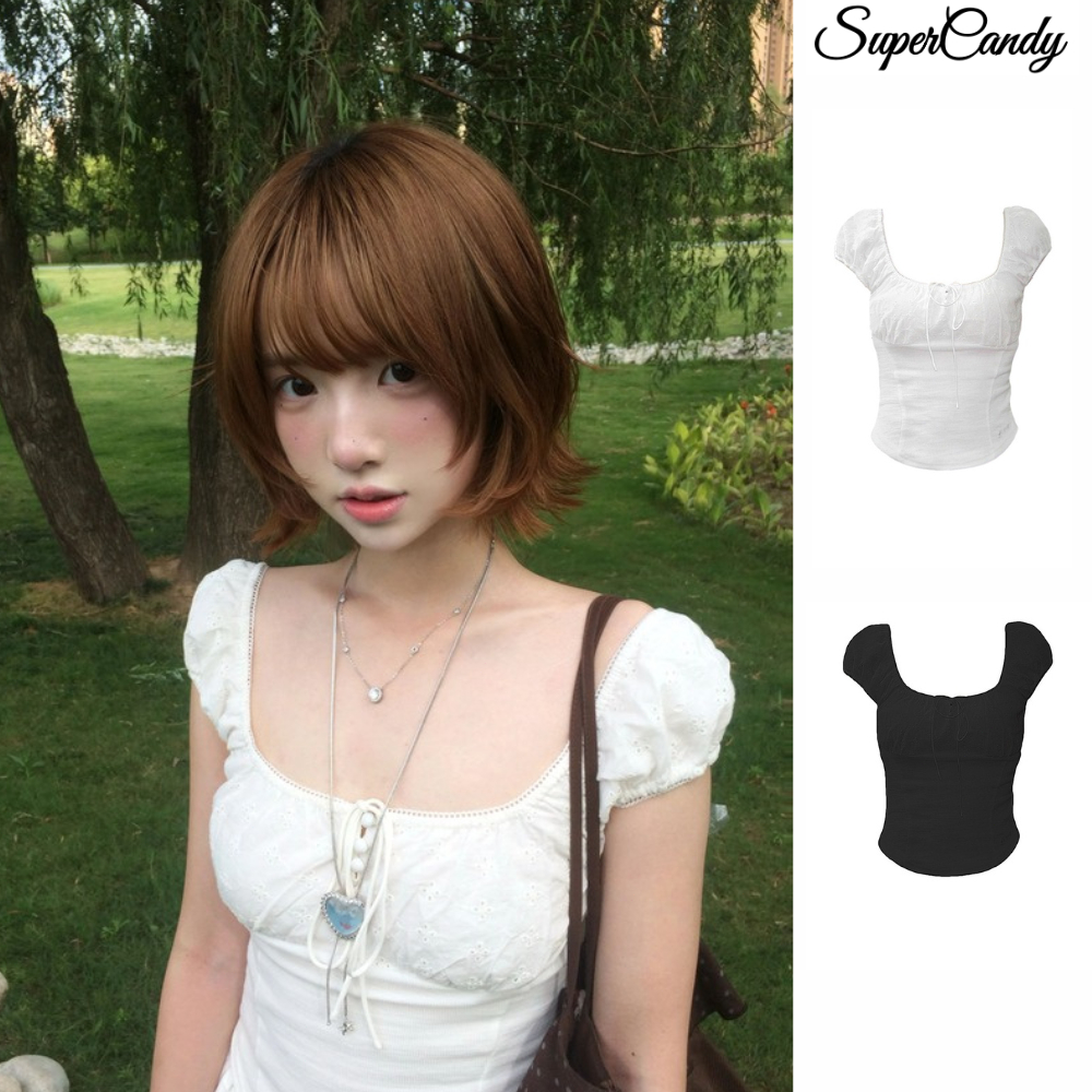SuperCandy🌷เสื้อยืดคอเหลี่ยมแขนสั้นดีไซน์เก๋ไก๋และเข้ารูป เสื้อแขนพองสั้นฤดูร้อนสำหรับผู้หญิง
