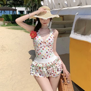 ทูพีช ชุดว่ายน้ำ เนคไทแบบคล้องคอ มีแผ่นซับหน้าอก เนื้อผ้าระบายอากาศได้ดี ชุดว่ายน้ำแฟชั่น กระโปรงเค้ก