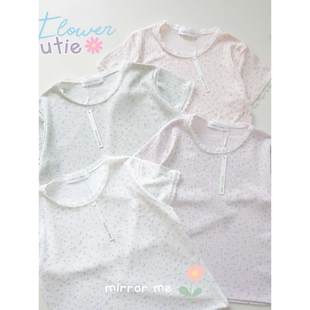 พร้อมส่ง mirrorme เสื้อ Baby tee พิมพ์ลาย สีพาสเทล แต่งลูกไม้