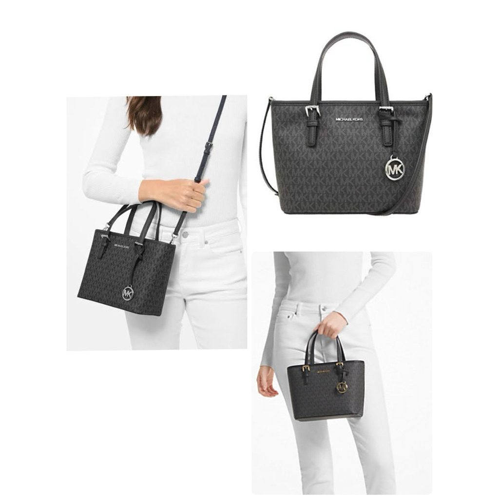กระเป๋าสะพายข้าง กระเป๋าถือ Michael Kors Jet set travel xs tote 35T9GTVT0B ลายmk สีเทา-ดำ อะไหล่เงิน