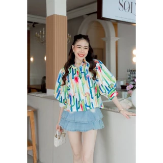 เสื้อผ้าบับเบิ้ลพิมพ์ลายแขนพอง อก 42 นิ้ว ยาว 21 นิ้ว งานร้าน Angle
