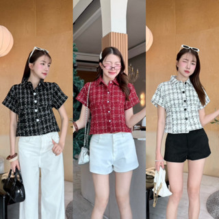 เสื้อเชิ้ตคอปกแขนแต่งกระดุมหัวใจสั้นผ้าทวิตผูกหลัง