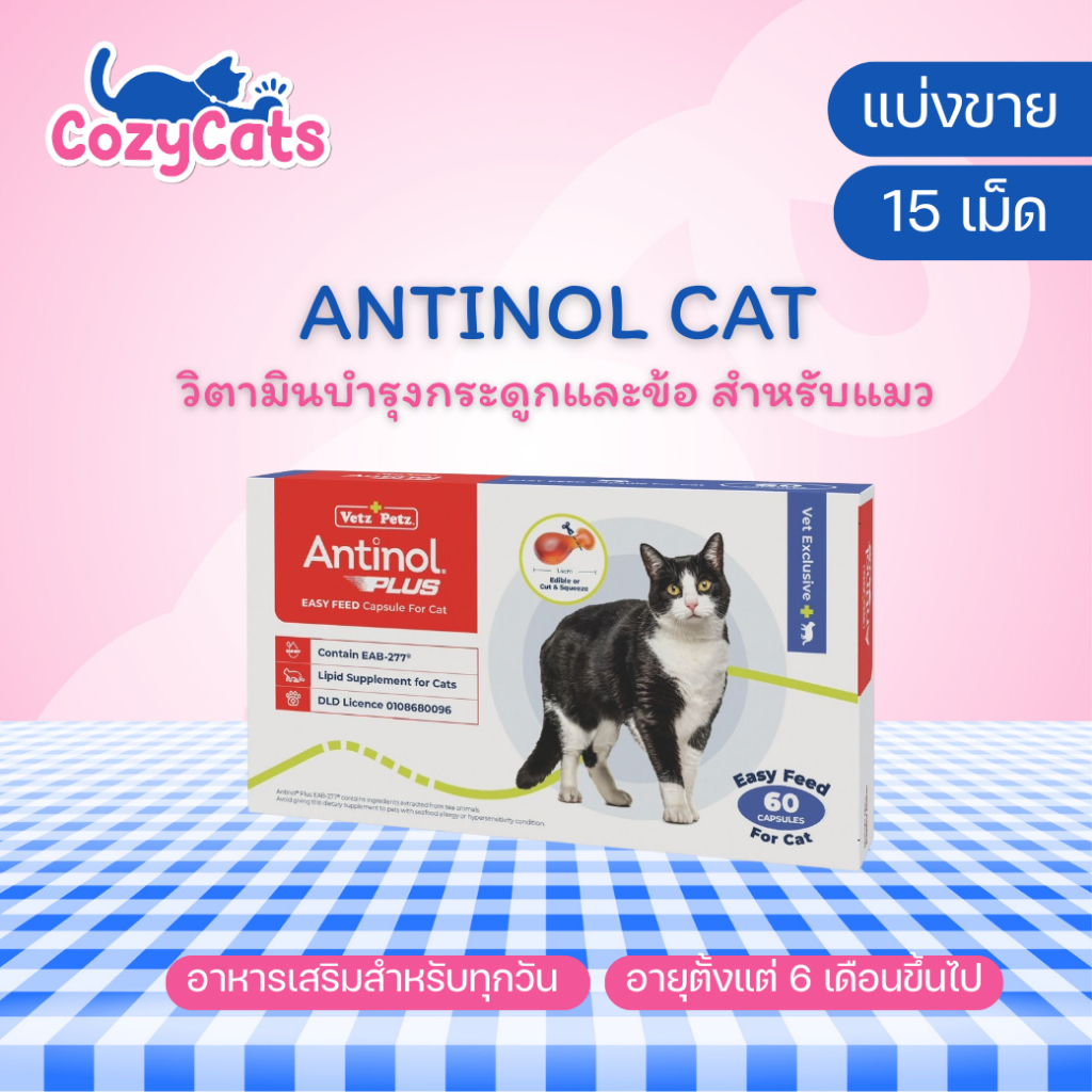 (แบ่งขาย 15 เม็ด) Antinol Cat แมว ช่วยบำรุงข้อ กระดูก ขน ผิวหนัง และไต สำหรับแมว