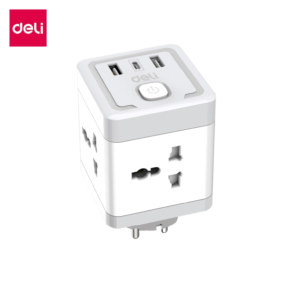 Deli ปลั๊กสามตา ปลั๊กแปลง อแดป์เตอร์ รองรับ USB Type-C 3in1  มี4ช่อง พกพาสะดวก Socket USB Adapter