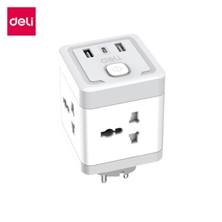 Deli ปลั๊กสามตา ปลั๊กแปลง อแดป์เตอร์ รองรับ USB Type-C 3in1  มี4ช่อง พกพาสะดวก Socket USB Adapter