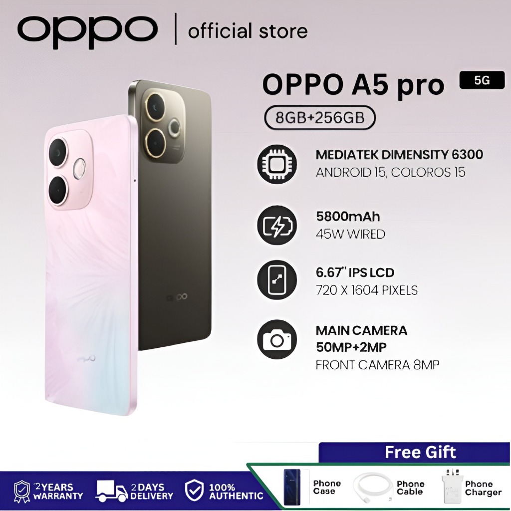 สมาร์ทโฟน OPPO A5 Pro 5G (8GB + 256GB) | หน้าจอ 6.67" 120Hz | แบตเตอรี่ 5800mAh | COD / Spaylater
