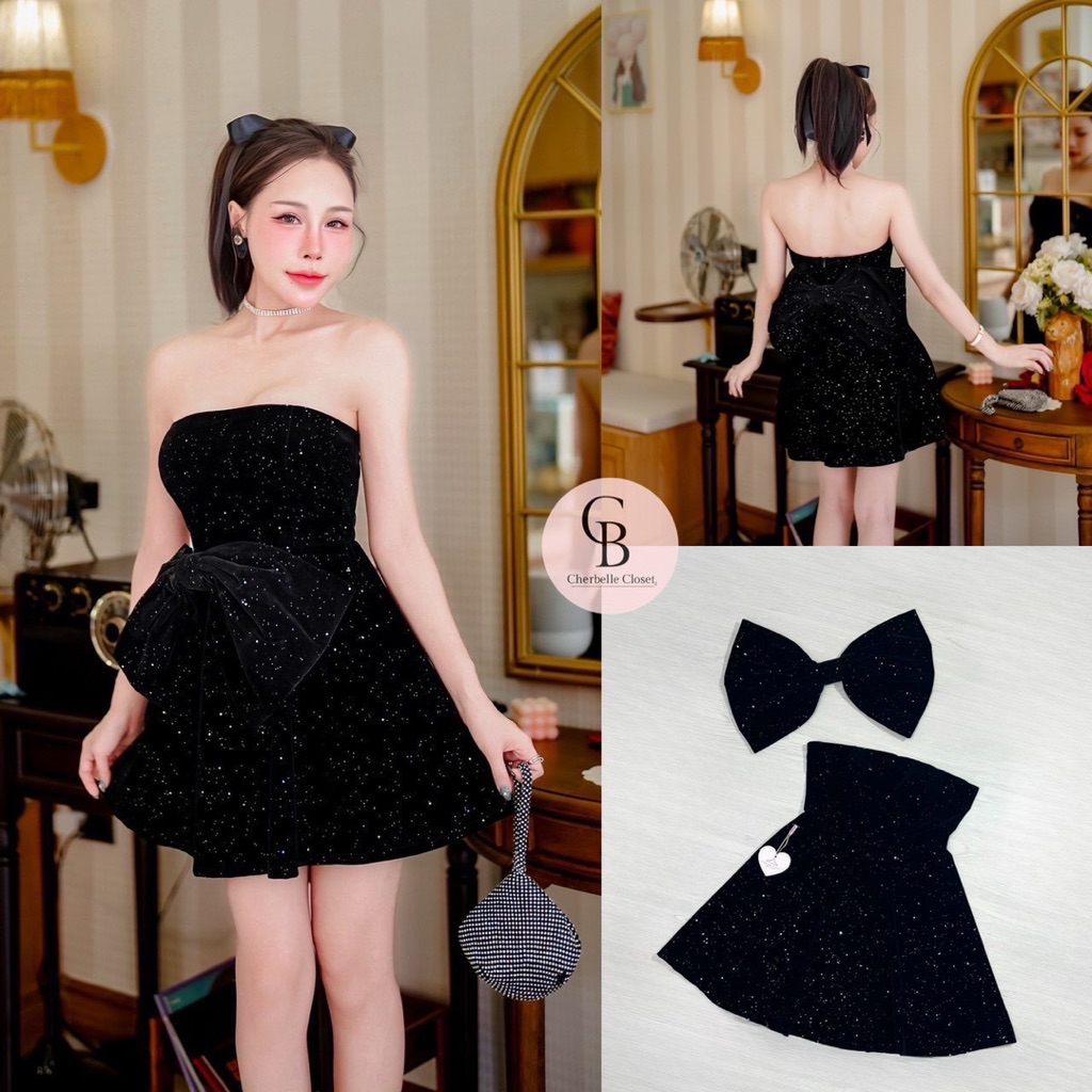 Cherbelle Closet มินิเดรสเกาะอกผ้ากำมะหยี่มีกลิตเตอร์วิ้งๆ อกเสริมฟองน้ำ มีกันลื่น
