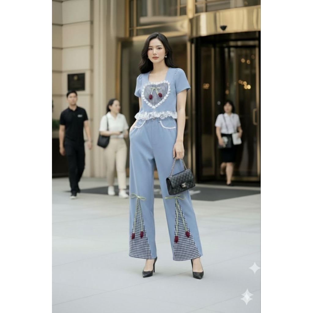 Si-am(ไซส์-อั้ม) เซทขายาวผ้ายีนอย่างดี ตัวชุดทรงสวย ใส่สบาย ปลายเสื้อแต่งระบายลูกไม้ปัก งานแต่งหัวใจ เนื้อผ้ายีนส์สีสวย