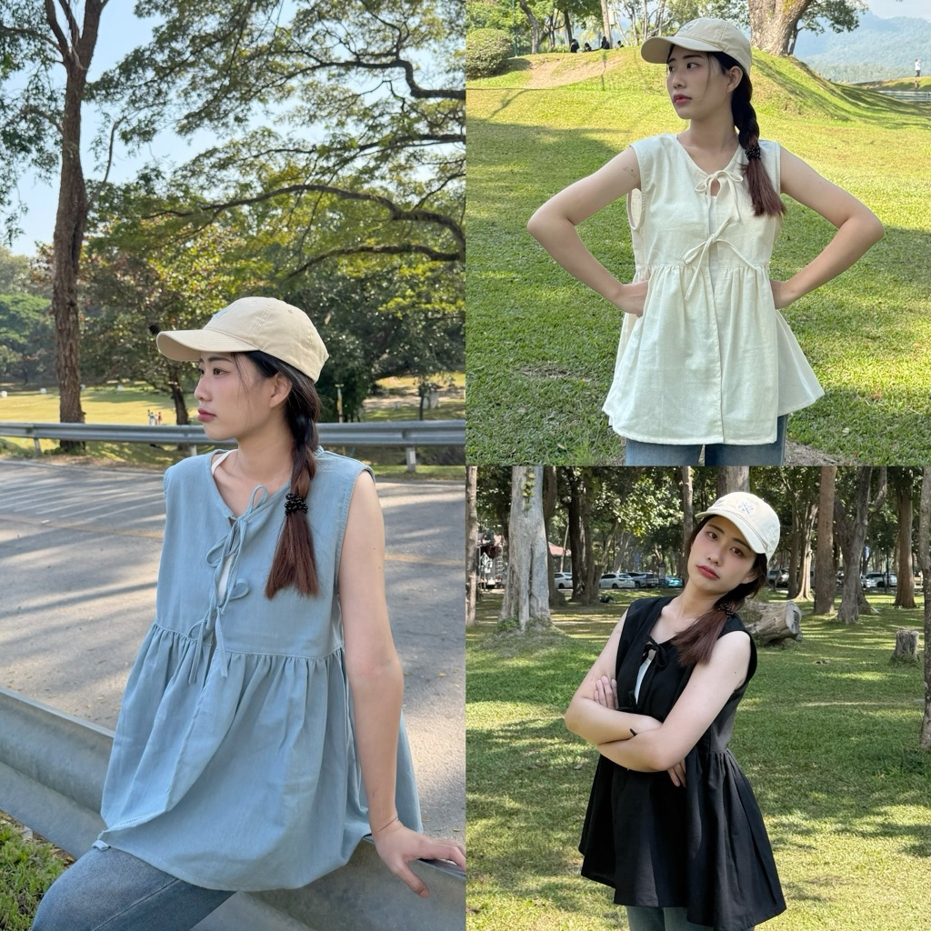 Pumpkin🎃 เสื้อแขนกุดผูกเชือกอกแต่งระบายผ้าฝ้าย Manee.cotton
