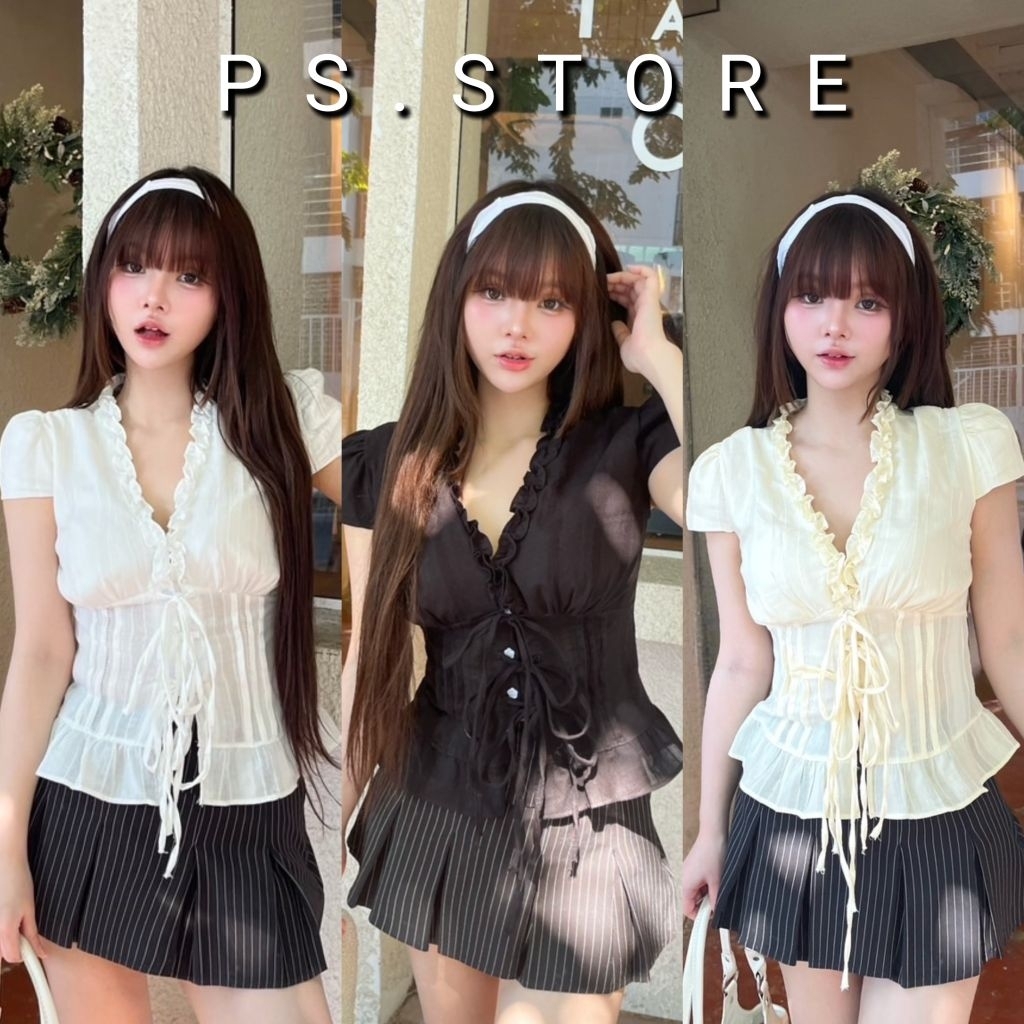 Yarin : เสื้อแขนสั้นคอวีกระดุมหน้า ผูกโบว์3ชั้น ตีเกล็ดด้านหน้า ทรงสวย
