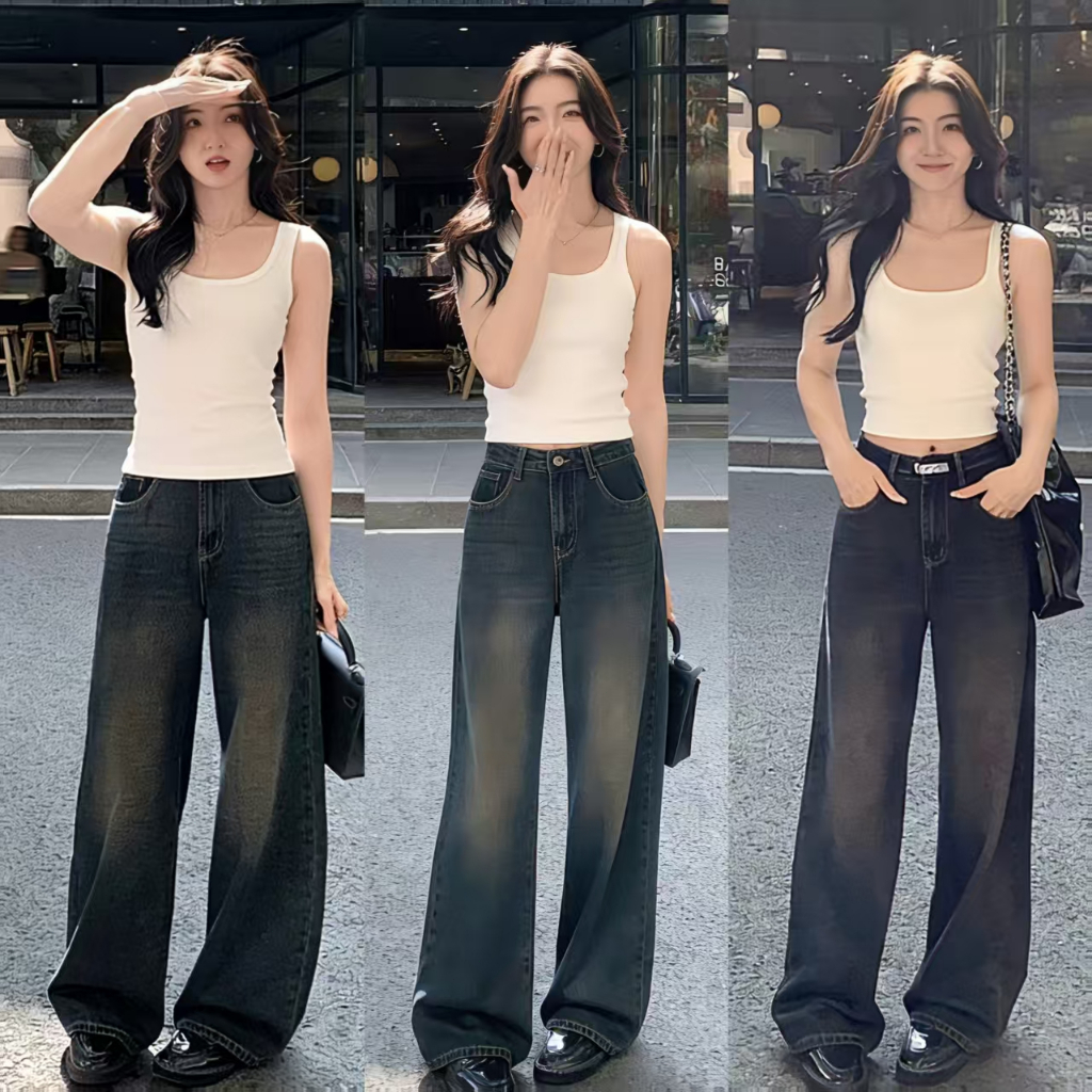 🔥919nn🔥เอวสูง ยีนส์สนิมเขียวฟอก กางเกงยีนส์กระบอกใหญ่ กางเกงยีนส์ ไซส์ XS-2XL