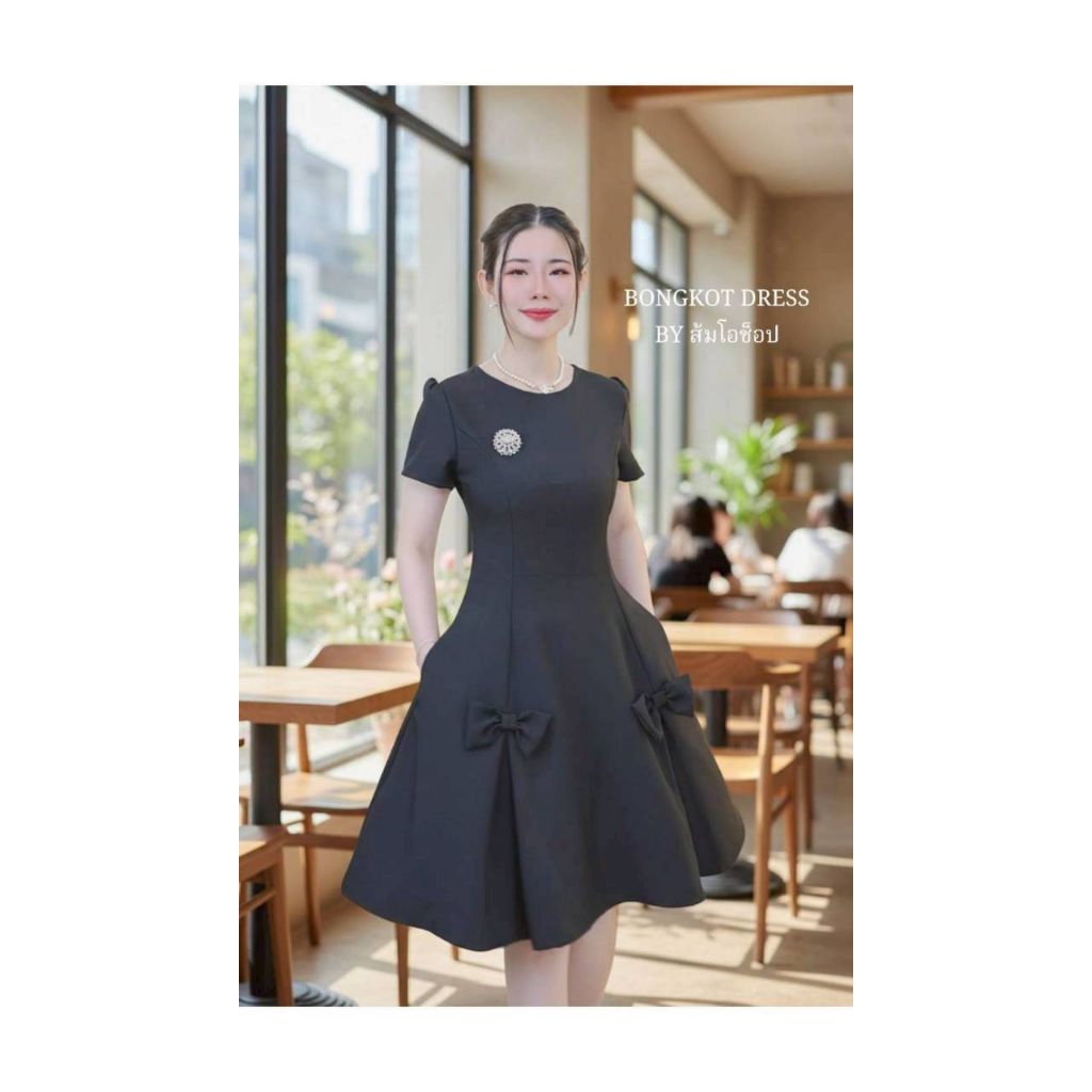 DS22 (ผ้าสโนวฟลอร่า) เดรสออกงาน ชุดทำงานทำงานคอกรมดีเทลน่ารักเรียบหรู ความยาว36นิ้ว (ลงตรงไซส์ได้เลยจ้า)