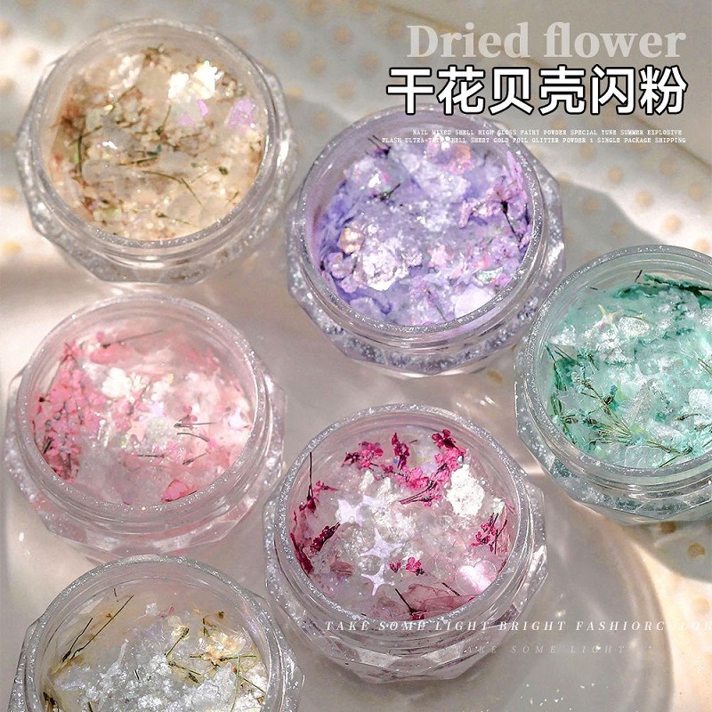 กลิตเตอร์ผสมดอกไม้แห้งแท้ เนื้อกลิตเตอร์ละเอียดพิเศษดุจเกล็ดไมก้าเปลือกหอย