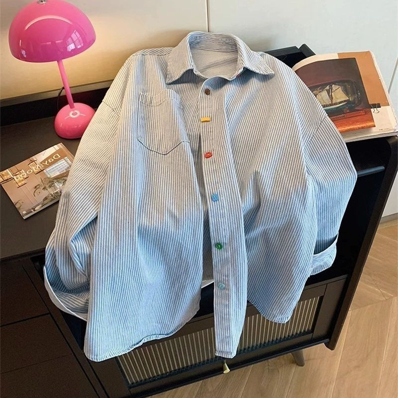🔆ManDenim🔆 เสื้อเชิ้ตแขนยาวผู้ชาย เสื้อลายทาง สไตล์อเมริกันเรโทร oversize ดีไซน์โอเวอร์ไซส์ ใส่ได้ทั้งชายและหญิง