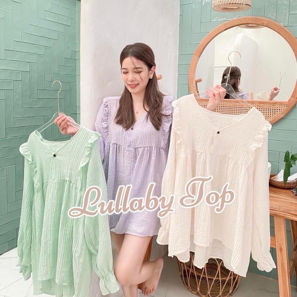 LULLABY TOP เสื้อตัวยาว แพทเทิร์นน่ารักมาก คอวีมีกระดุม จั๊มปลายแขน เป็นมินิเดรสได้