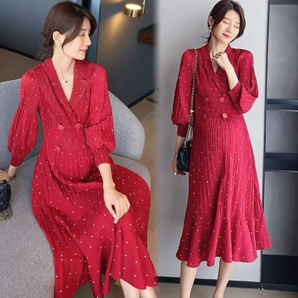 ชุดคลุมท้องแขนยาวลายจุดผ้าชีฟองอัดพลีท ผ้ายืดได้ใส่สบายพร้อมส่ง