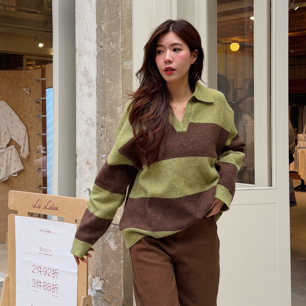CO1233 | Cozy Stripe Collar Knit เสื้อไหมพรมคอปก ลายทางสุดมินิมอล ใส่สวยทุกวัน