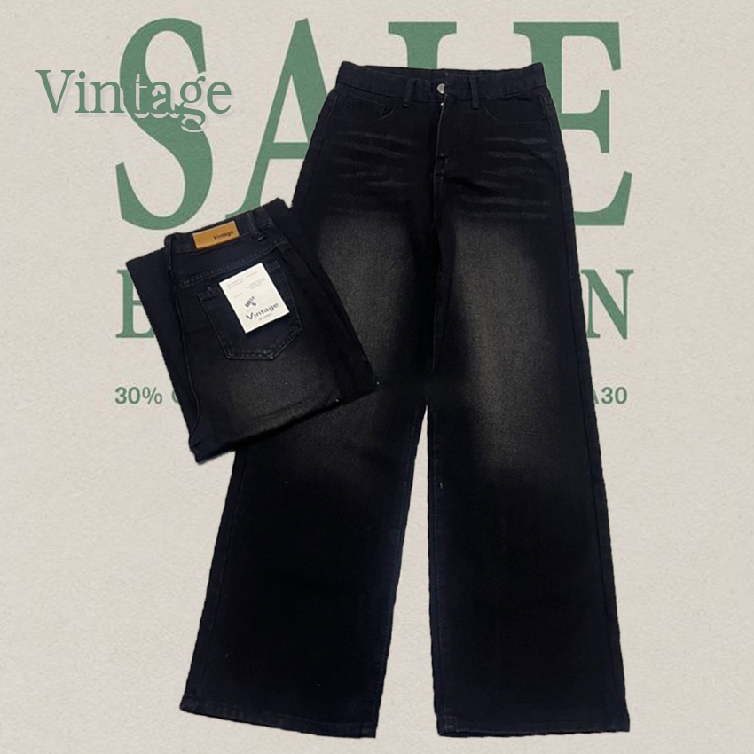 Vintage รุ่น 8801 กางเกงยีนส์ ขายาว ทรงกระบอก เอวสูง ทรงกระบอก สีดำฟอก แต่งเฟดขา กางเกงยีนส์ขากระบอก