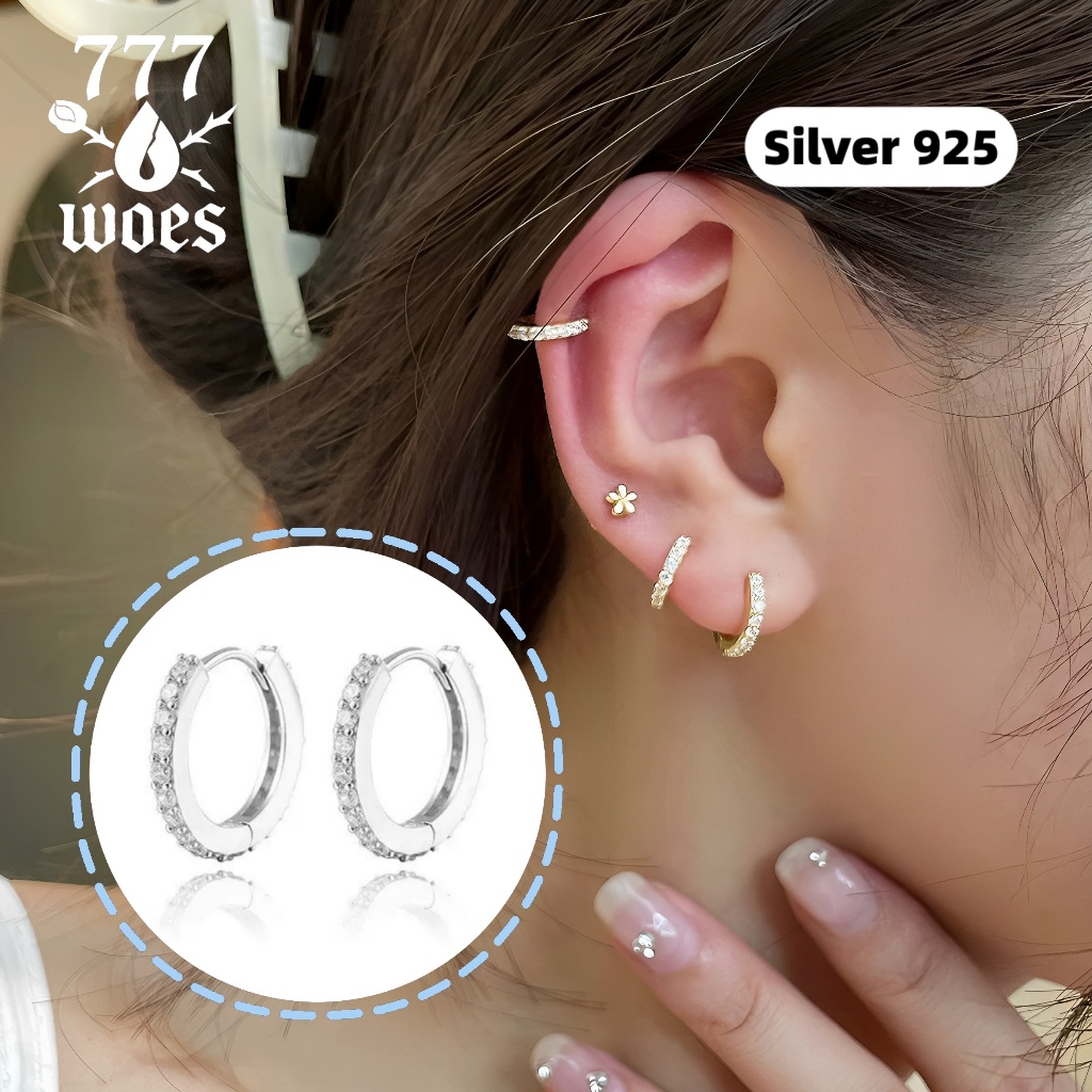 S925เงินแท้ต่างหูห่วงประดับเพชรCZเต็มวงเงาแวววาวสีทอง/สีเงินใส่นอนได้ไม่แพ้ระยิบระยับสไตล์เกาหลี