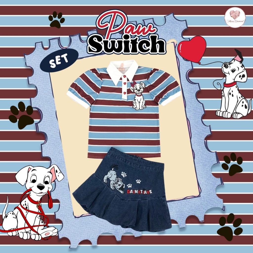 (มี3XL) Maria Diamond ยีนส์ Paw Switch Set เซ็ต 2 ชิ้น เสื้อยืดเชิ้ตคอปกลายทางแขนสั้น + กระโปรงยีนส์ทรงบอลลูนปัก