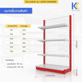 KEFVA ชั้นวางสินค้ามินิมาร์ท 4 ชั้น หน้าเดียว หลังตาข่าย สูง 120-150 cm รุ่น Laser Diamond 40kg (แถมฟรี! กันตก+กันเท้า)