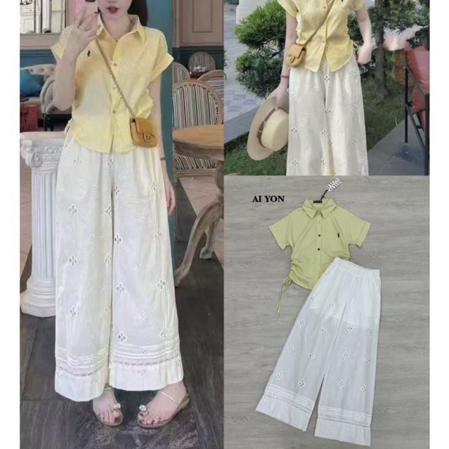 Aiyon Set เสื้อเชิ้ตแขนสั้น+ขายาวฉลุ