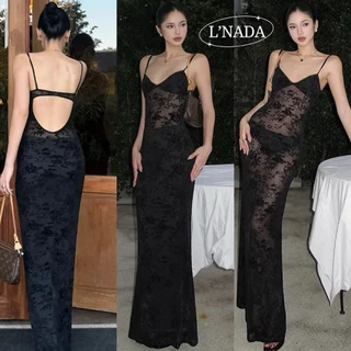 【L'NADA】Lace Backless Dress พร้อมส่ง เดรสยาวสายเดี่ยวลูกไม้ซีทรู โชว์หลัง มีซับใน