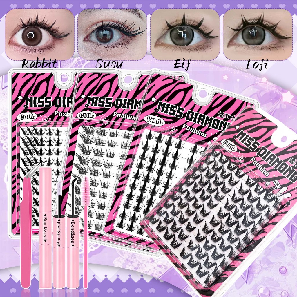 3D Fluffy False Eyelashes Kit w/ Glue | 80 Cluster Natural C Curl & Reusable Lash Extensions Makeup - Cat Eye/Fox Eye
