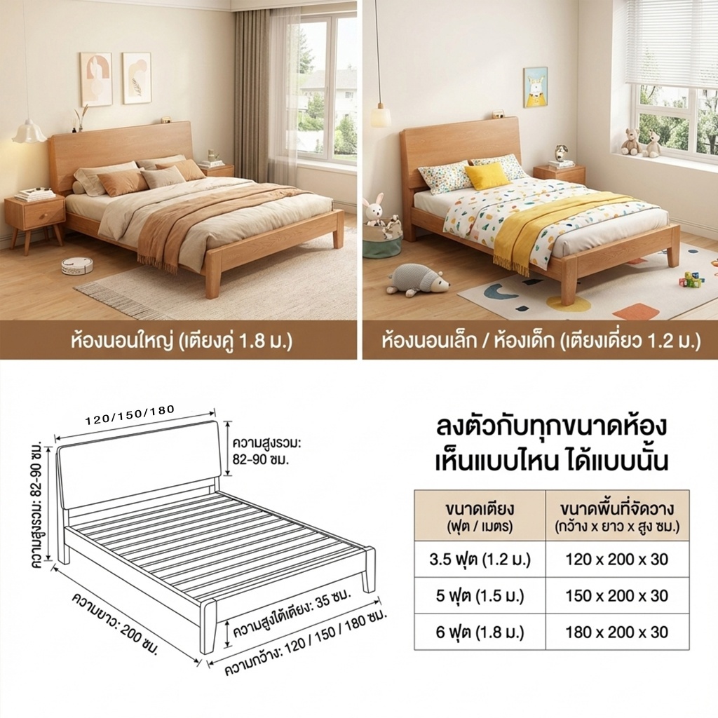 เตียงไม้เนื้อแข็ง ดีไซน์มินิมอลทันสมัย ​​เหมาะสำหรับอพาร์ทเมนต์ขนาดเล็ก แข็งแรงทนทาน มีให้เลือก 4/5/6 ฟุต - รูปที่ 7