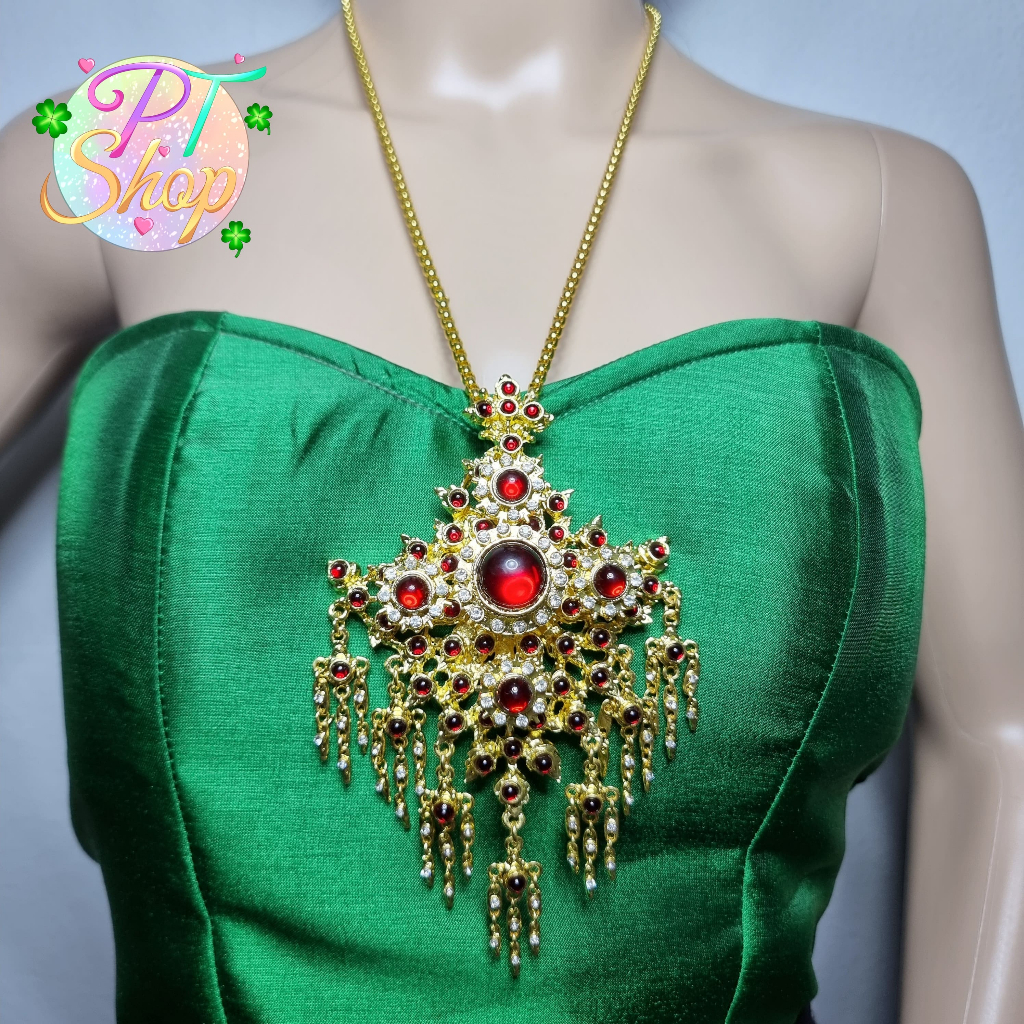 สร้อยคอชุดไทยพร้อมต่างหู ประดับด้วยเพชร พลอยเทียม PT Shop