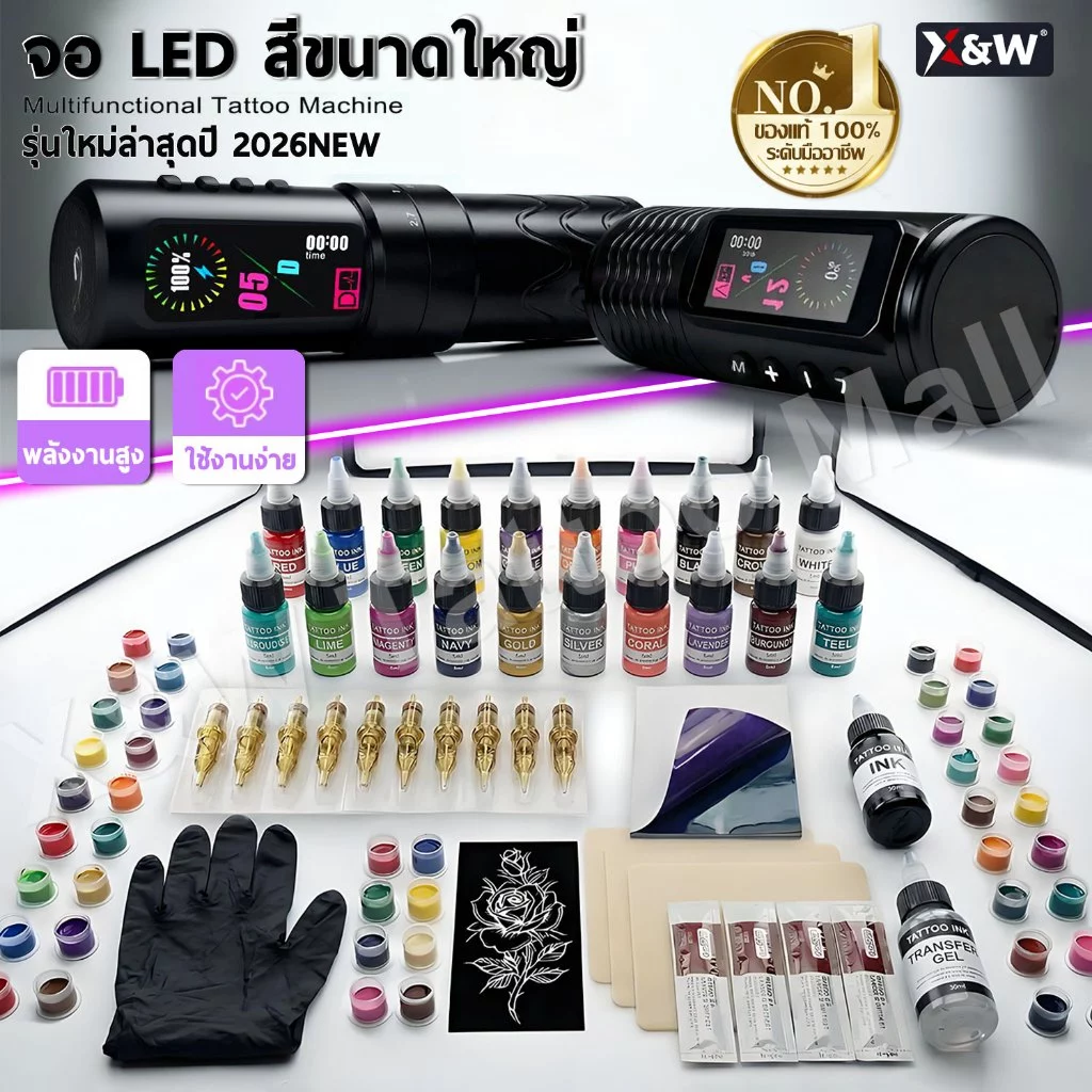 【การสักคิ้ว+การสักริมฝีปาก+การสักผม】เครื่องสัก ไร้สายเลาย จอแสดงผล LEDสีสันสดใส ชุดสักลาย ครบชุด ปากกาสัก Tattoo Machine
