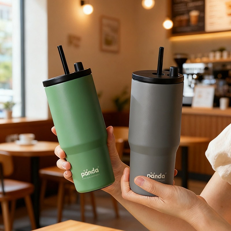 PANDA ก้วเก็บความเย็น 750ML แก้วกาแฟ สแตนเลส  แก้วน้ำสแตนเลส316 พร้อมหลอด แก้วน้ำในรถยนต์